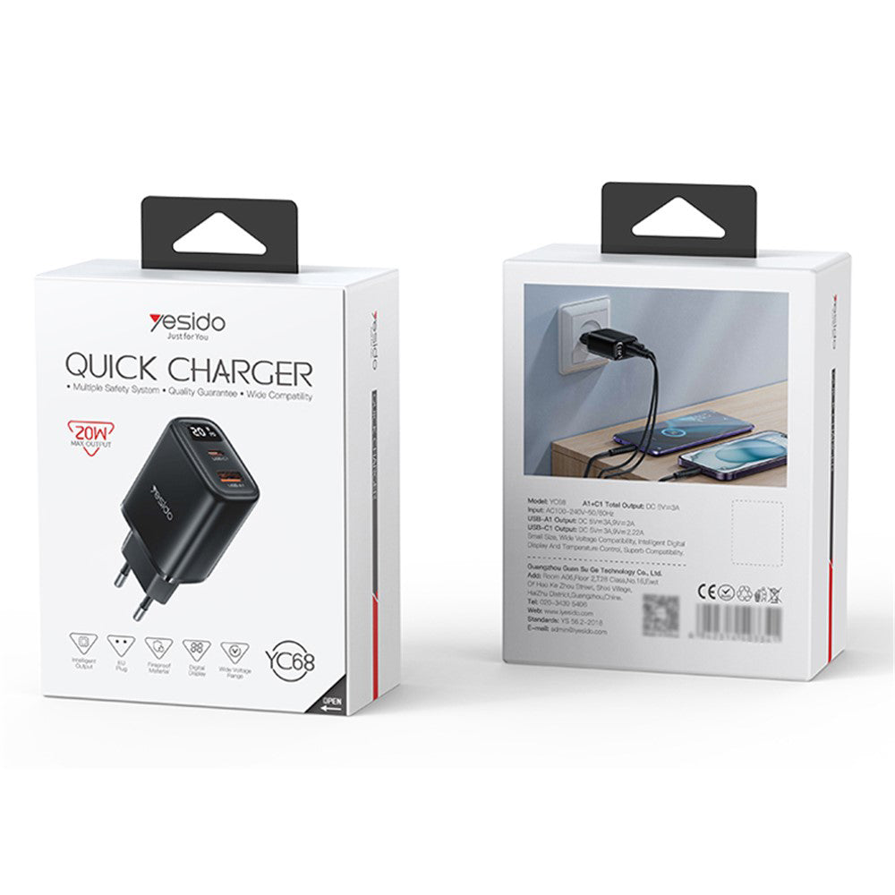 Φορτιστής Δικτύου Yesido YC68, Οθόνη 20W, 3A, 1 x USB-A - 1 x USB-C, Μαύρο