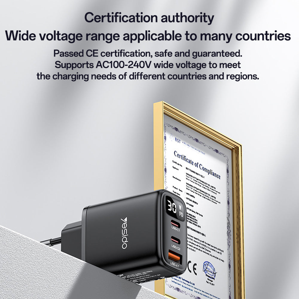 Φορτιστής Δικτύου Yesido YC69 Display, 30W, 3A, 1 x USB-A - 2 x USB-C, Μαύρο