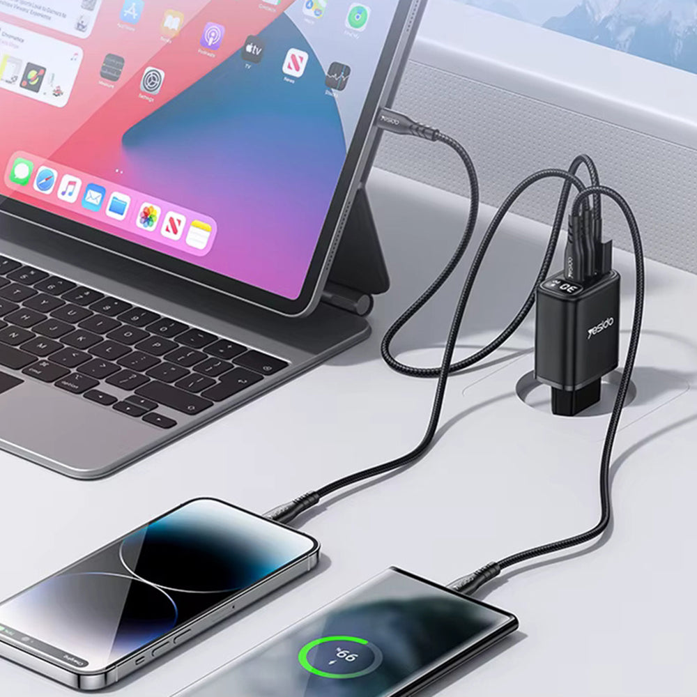 Φορτιστής Δικτύου Yesido YC69 Display, 30W, 3A, 1 x USB-A - 2 x USB-C, Μαύρο