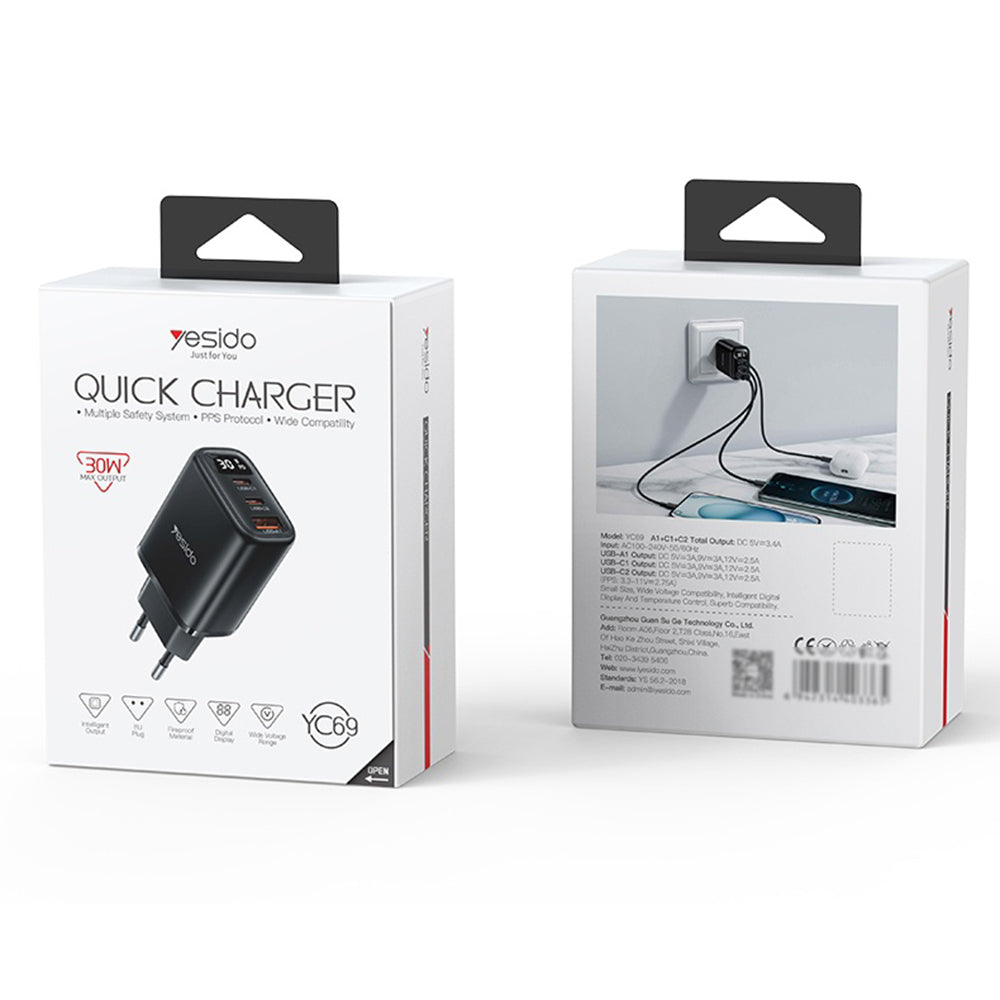 Φορτιστής Δικτύου Yesido YC69 Display, 30W, 3A, 1 x USB-A - 2 x USB-C, Μαύρο