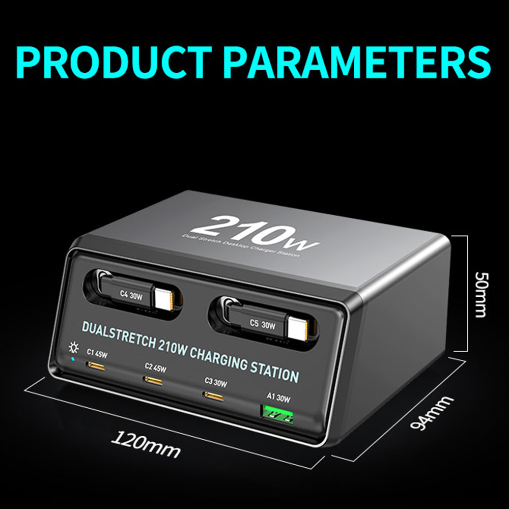 Φορτιστής Σταθμός με Καλώδιο USB-C OEM WLX-60E, 210W, 3A, 1 x USB-A - 3 x USB-C, Γκρι