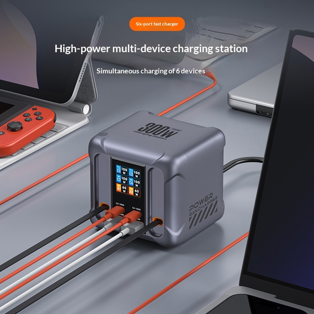 Φορτιστής Σταθμός με Καλώδιο USB-C OEM HW866, 300W, 5A, 2 x USB-A - 2 x USB-C, Γκρι