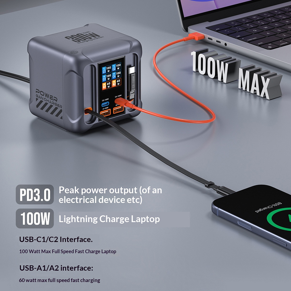 Φορτιστής Σταθμός με Καλώδιο USB-C OEM HW866, 300W, 5A, 2 x USB-A - 2 x USB-C, Γκρι