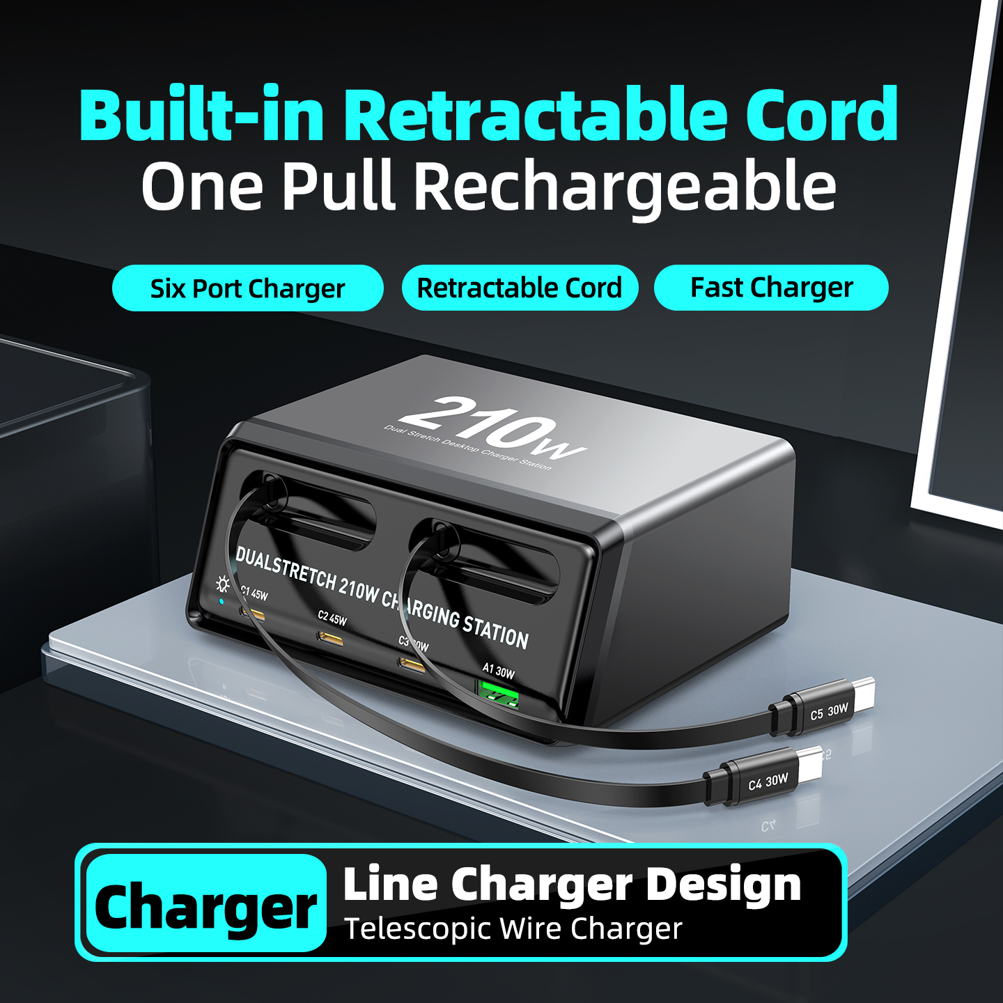 Φορτιστής Σταθμός με Καλώδιο USB-C OEM WLX-60E, 210W, 3A, 1 x USB-A - 3 x USB-C, Γκρι