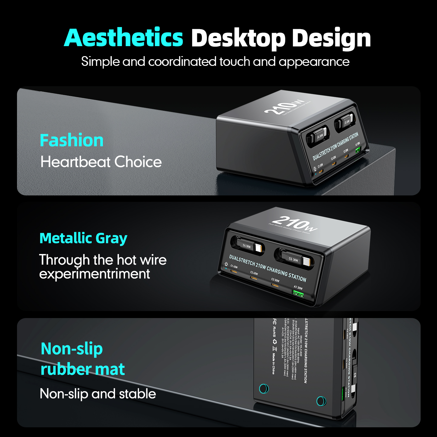 Φορτιστής Σταθμός με Καλώδιο USB-C OEM WLX-60E, 210W, 3A, 1 x USB-A - 3 x USB-C, Γκρι