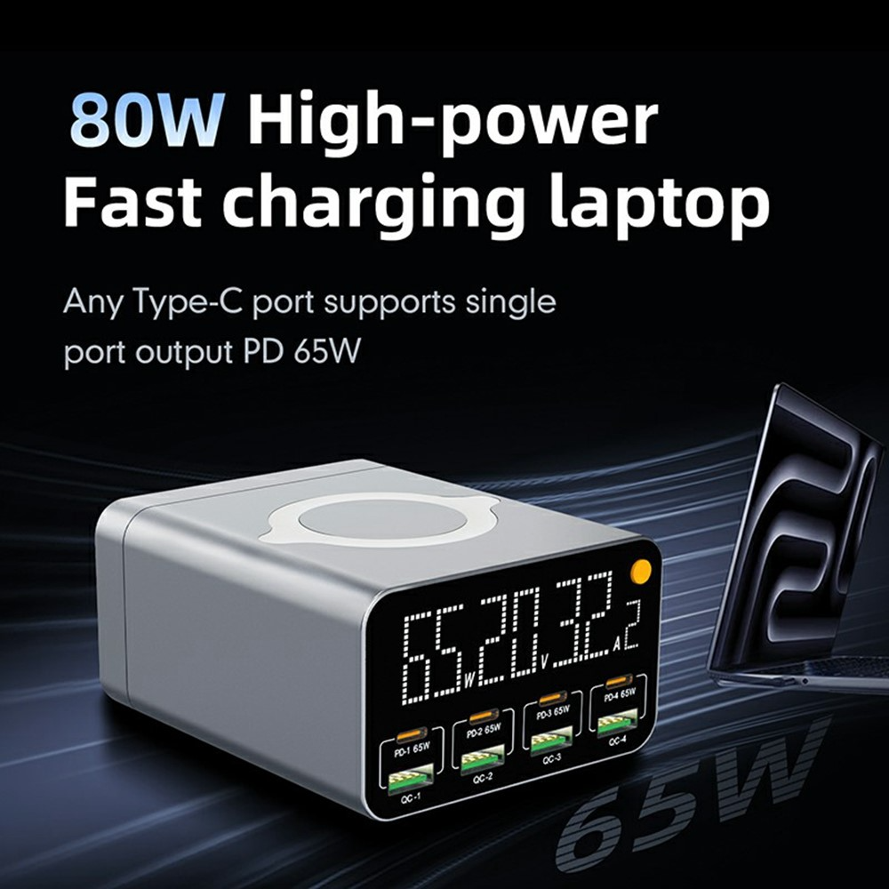 Φορτιστής Σταθμός OEM WLX-M3 QI, 80W, 4 x USB-A - 4 x USB-C, Γκρι