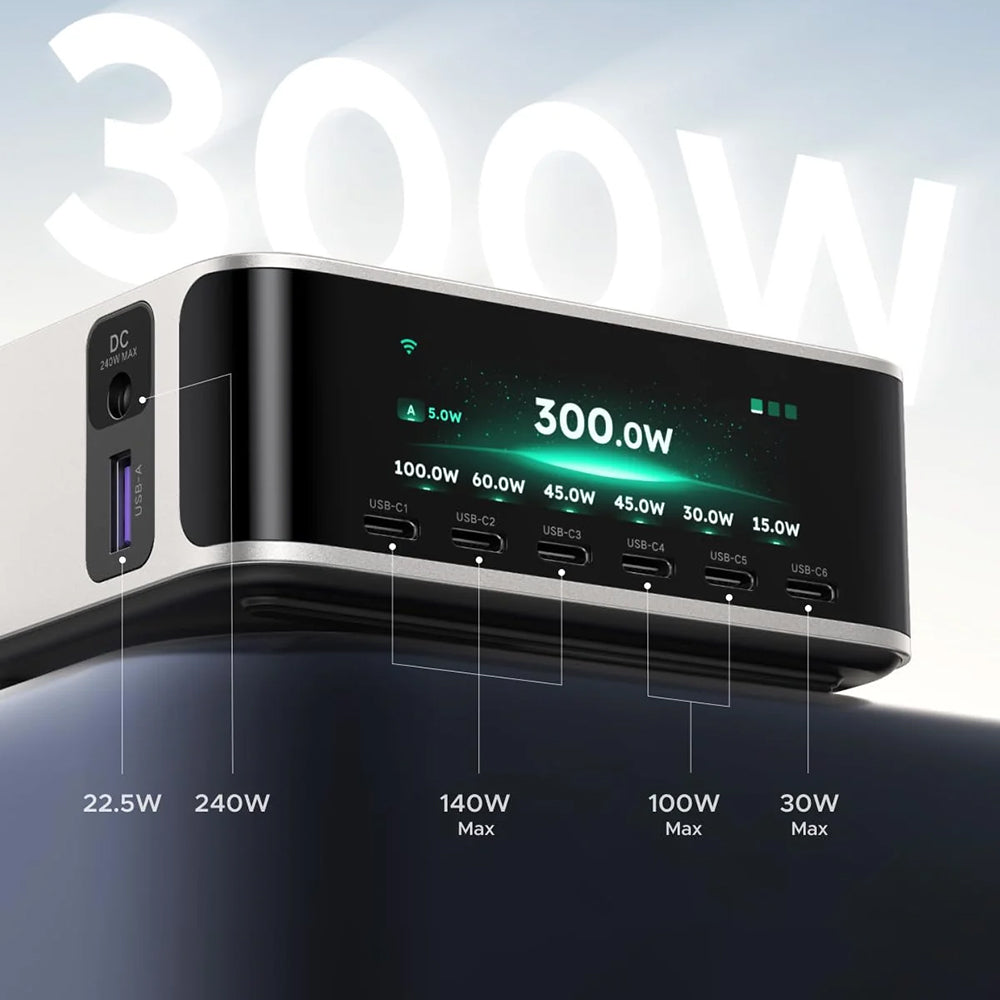 Φορτιστής σταθμός UGREEN Nexode Pro X783 (75753B) με οθόνη, 300 W, 5 A, 1 x USB-A - 6 x USB-C - 1 x DC, Γκρι