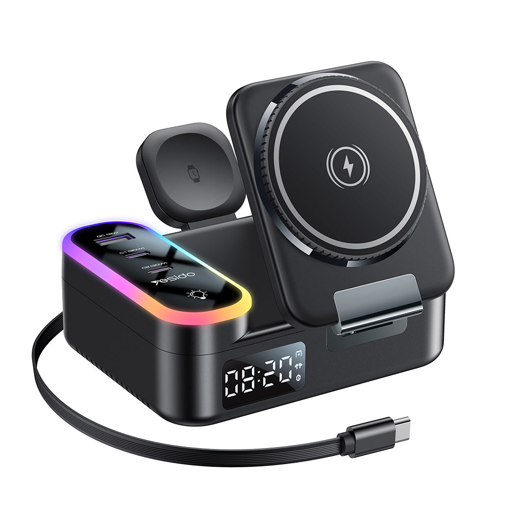Φορτιστής Σταθμός Yesido DS38 Display QI 3in1, 65W, 3A, 1 x USB-A - 2 x USB-C, Μαύρο
