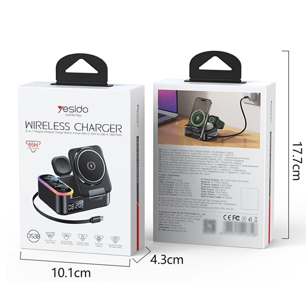 Φορτιστής Σταθμός Yesido DS38 Display QI 3in1, 65W, 3A, 1 x USB-A - 2 x USB-C, Μαύρο