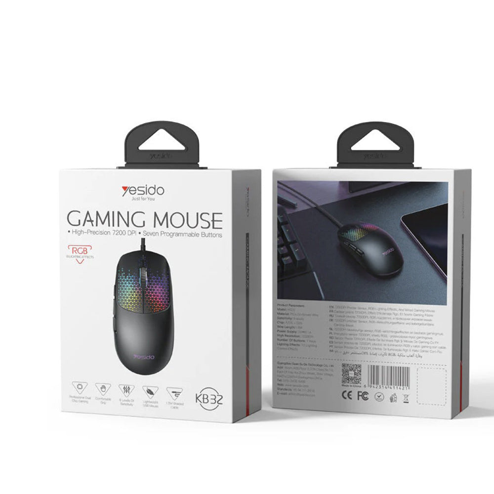Wired USB Gaming Mouse Yesido KB32, RGB, 7200DPI, Black