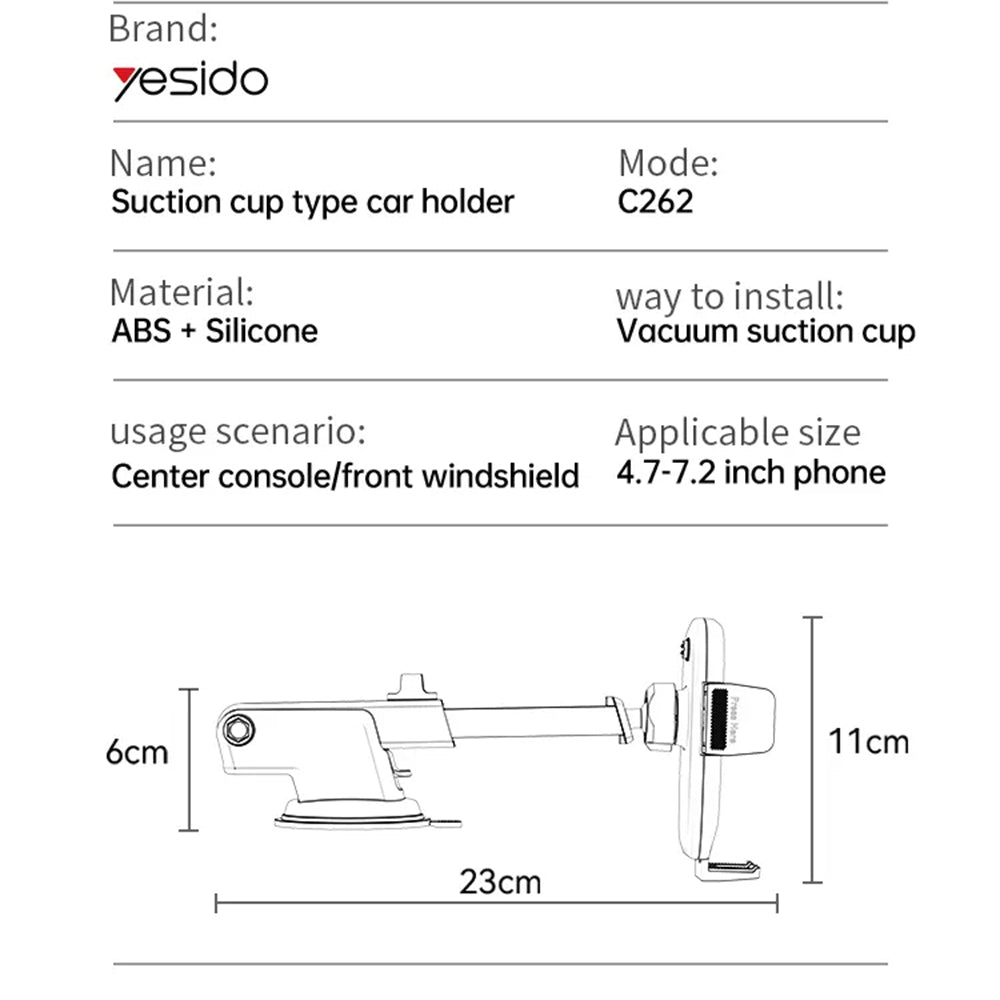 Βάση Αυτοκινήτου Yesido C262, 4.7inch - 7.2inch, Μαύρο