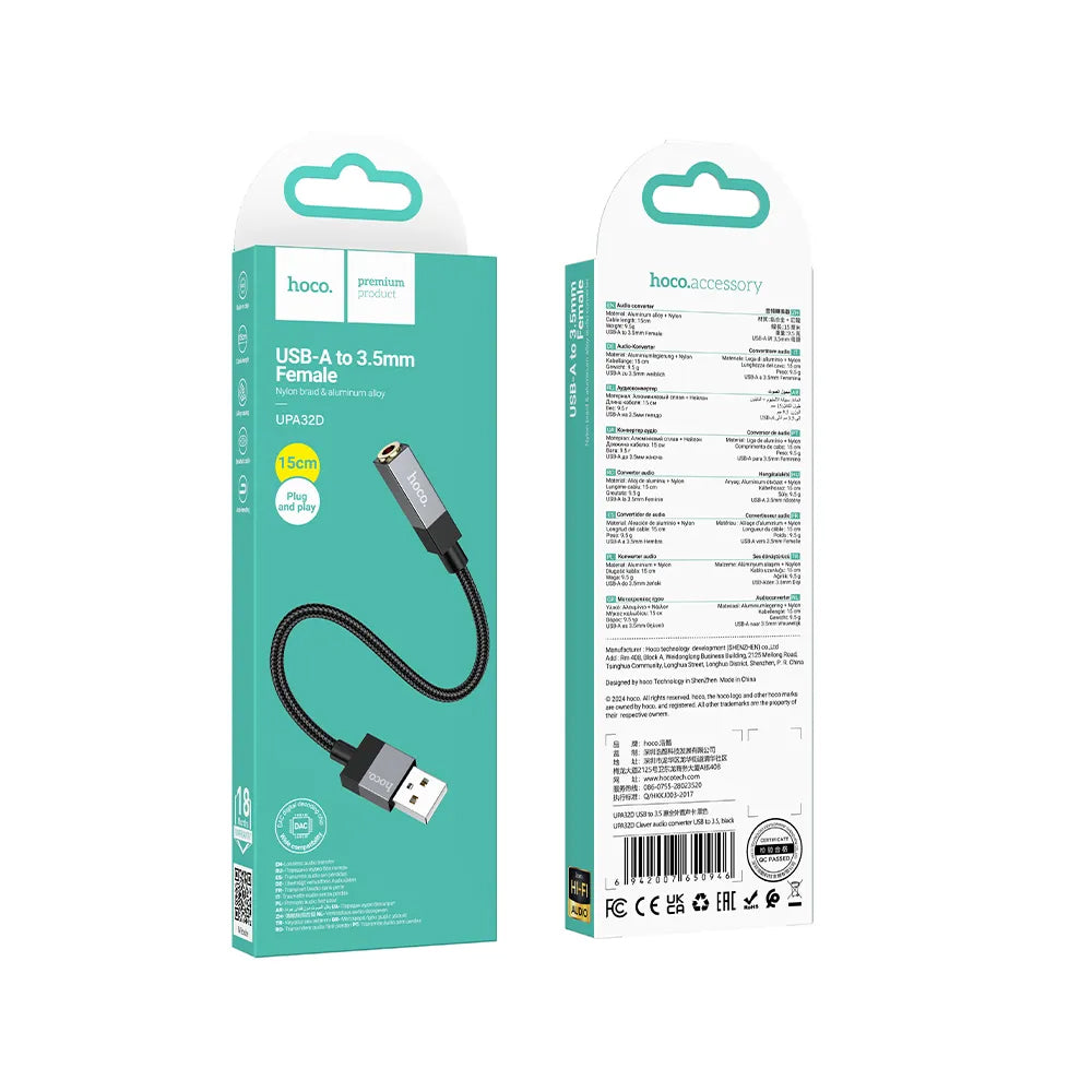 Προσαρμογέας Ήχου HOCO UPA32D, USB-A - 3.5mm, Μαύρο