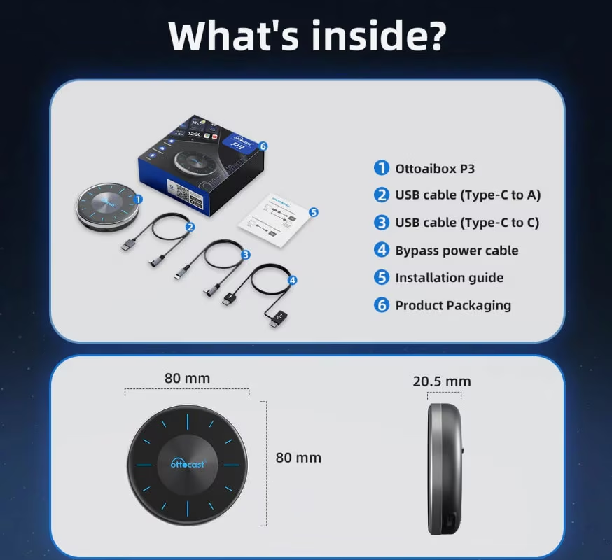 Ασύρματος προσαρμογέας Carplay / Android Auto Ottocast OttoAibox P3 για Apple iPhone / Android Series PCS46
