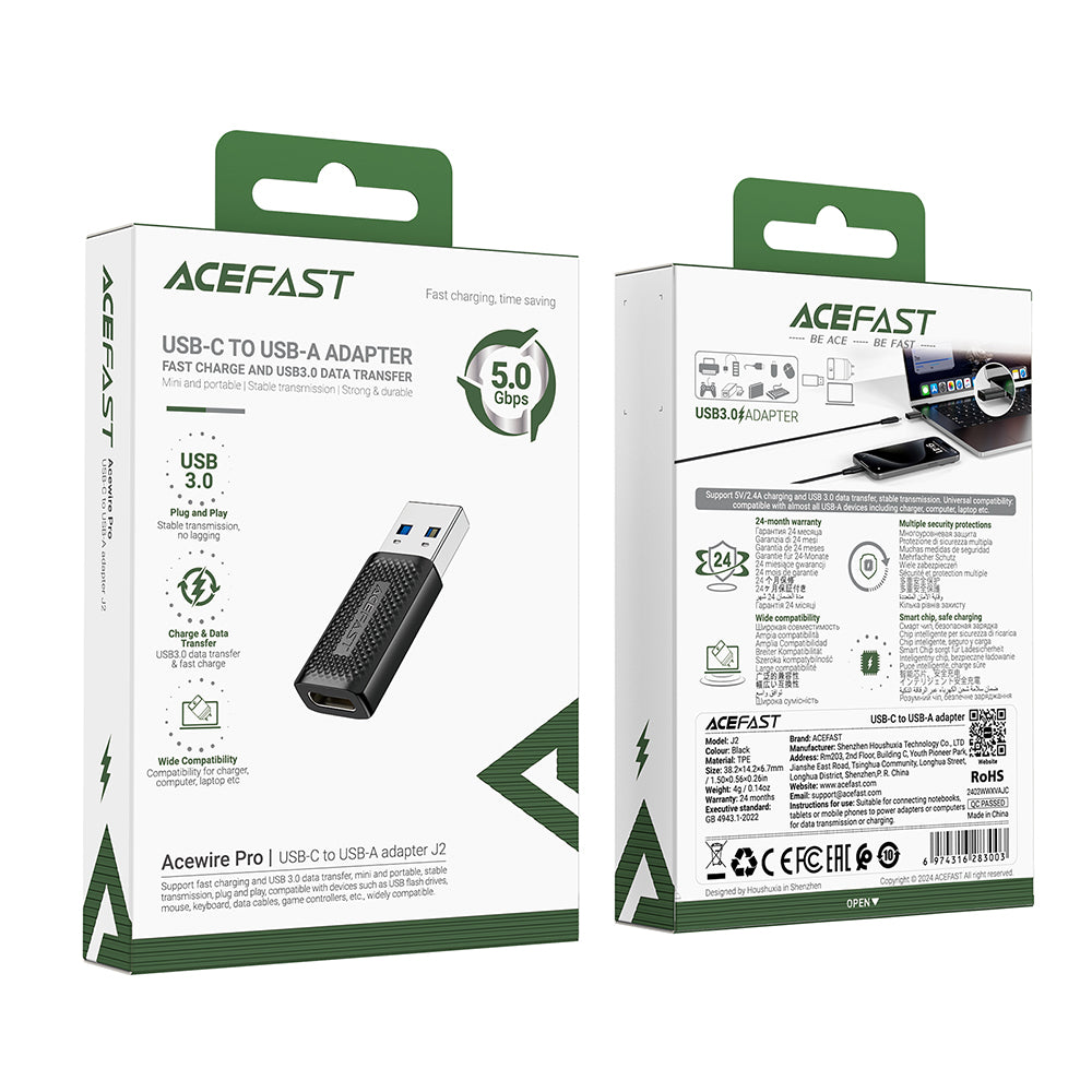 Προσαρμογέας Δεδομένων και Φόρτισης USB-C - USB-A Acefast J2, Μαύρο