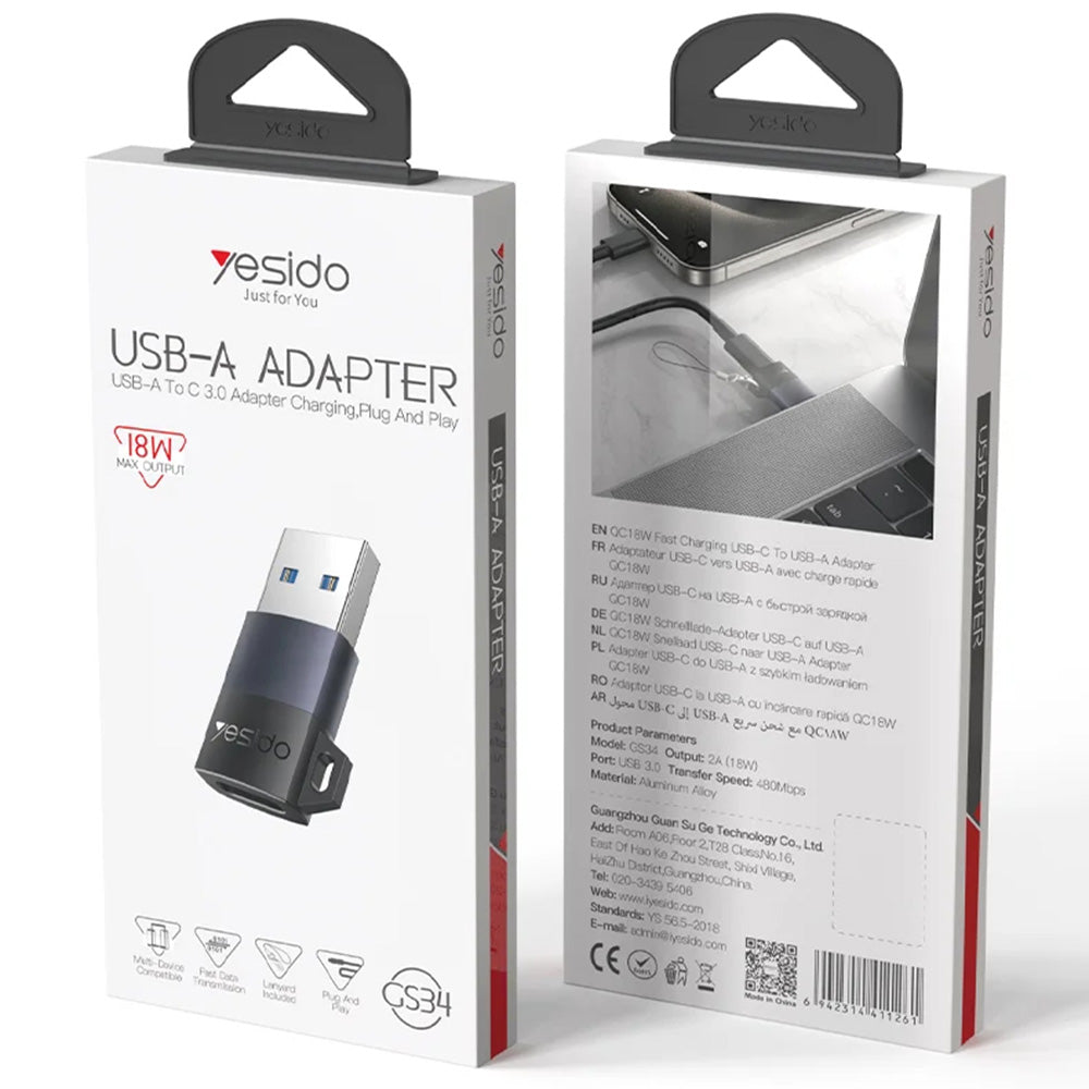 Προσαρμογέας Δεδομένων και Φόρτισης USB-C - USB-A Yesido GS34, Γκρι