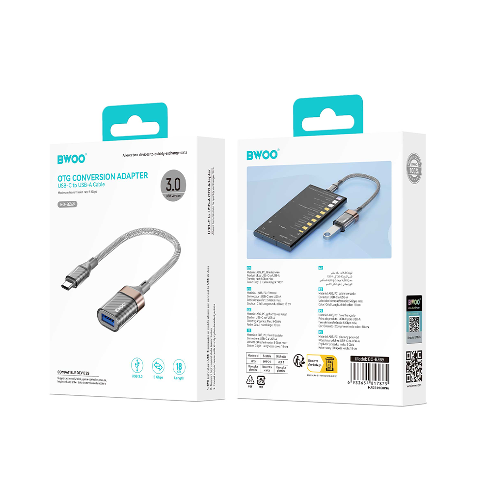 Προσαρμογέας OTG USB-C - USB-A BWOO BZ69, Γκρι