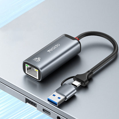 Προσαρμογέας Δικτύου Yesido HB26, RJ45, USB / USB-C, Γκρι