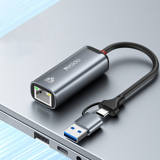 Προσαρμογέας Δικτύου Yesido HB26, RJ45, USB / USB-C, Γκρι