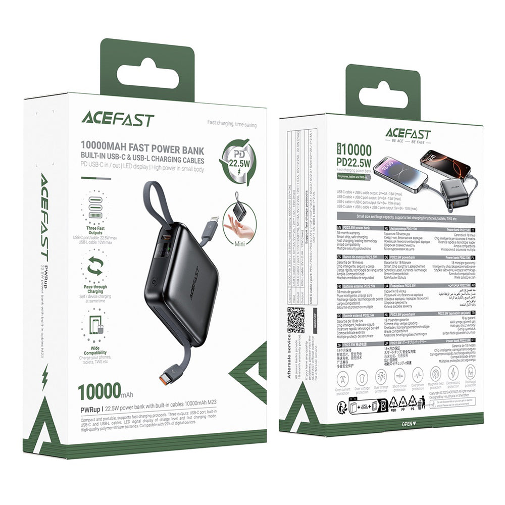 Εξωτερική Μπαταρία Acefast M23, 10000mAh, 22.5W, QC + PD, 1 x Lightning - 2 x USB-C, Γκρι