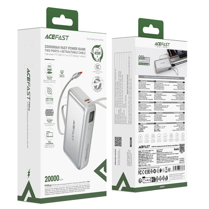 Acefast M34 External Battery, 20000mAh, 45W, QC + PD, 1 x USB-A - 2 x USB-C, Silver