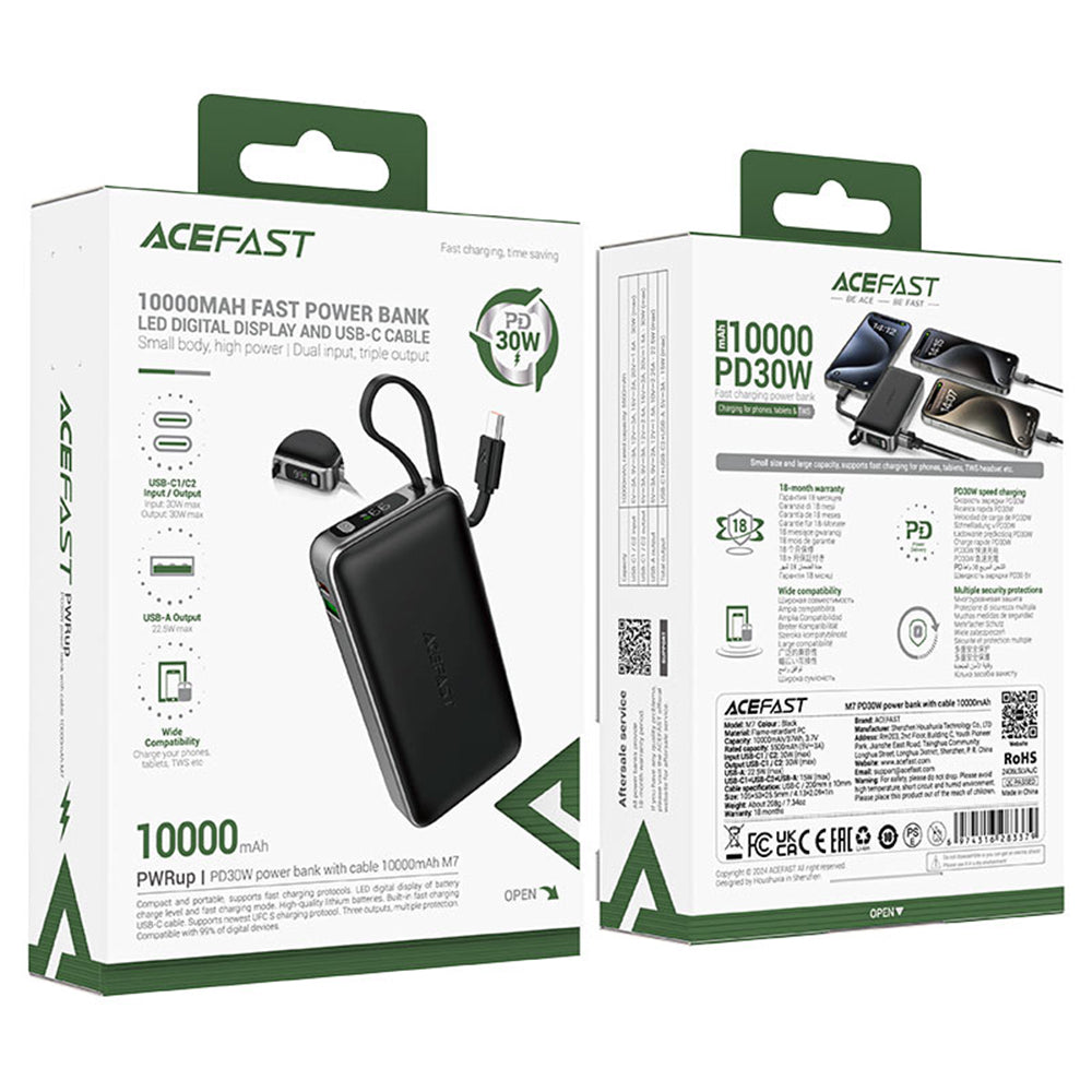 Acefast M7 External Battery, 10000mAh, 30W, QC + PD, 1 x USB-A - 2 x USB-C, Black