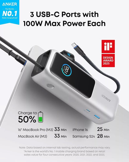 Εξωτερική Μπαταρία Anker, 25000mAh, 165W, QC + PD, 1 x USB-A - 3 x USB-C, Ασημί A1695H41