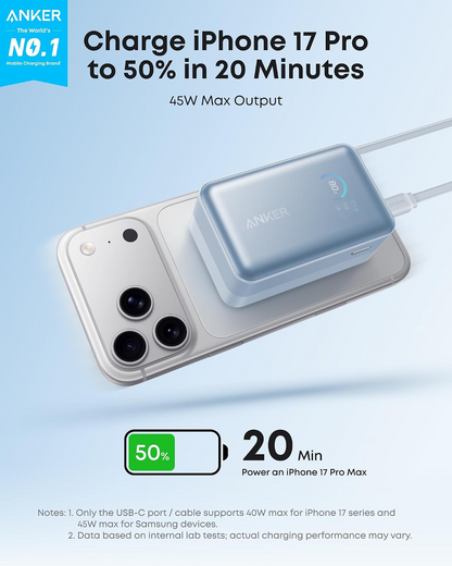 Εξωτερική Μπαταρία Anker Nano, 10000mAh, 45W, QC + PD, 1 x USB-A - 2 x USB-C, Μπλε