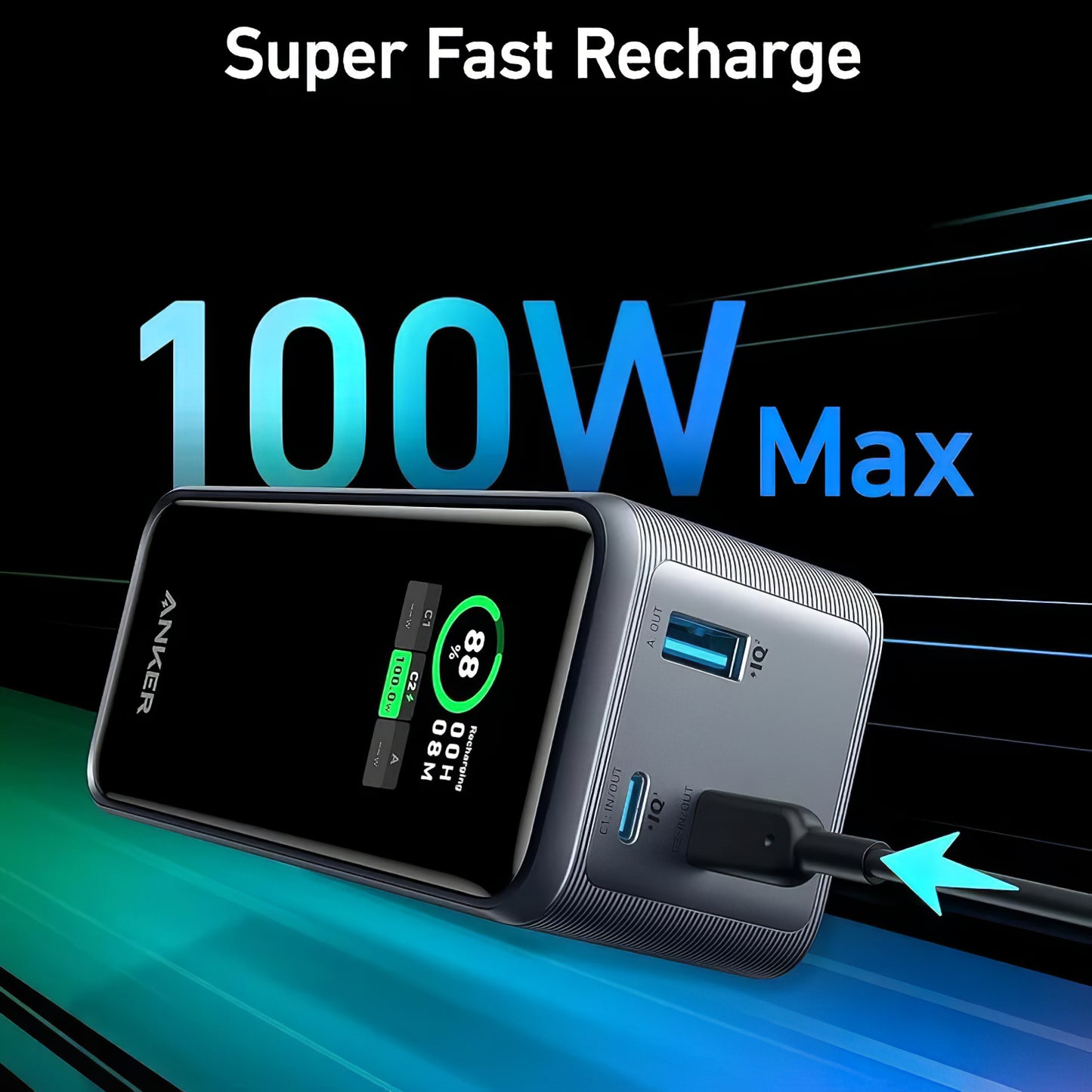 Εξωτερική Μπαταρία Anker Prime, 20000mAh, 200W, QC + PD, 1 x USB-A - 2 x USB-C, Μαύρη, Επανασφραγισμένη A1336011