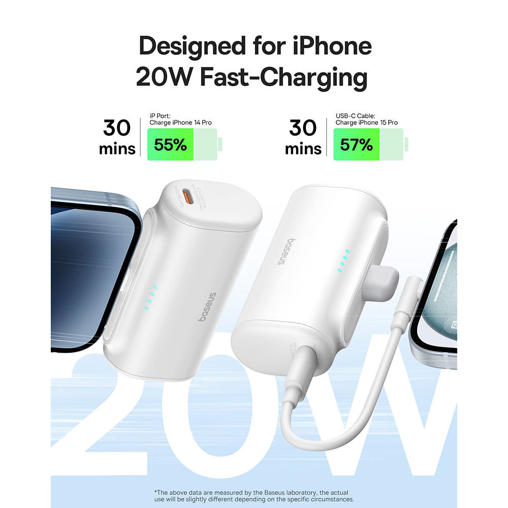 Εξωτερική Μπαταρία Baseus Compact, 5000mAh, 20W, PD, 1 x Lightning - 1 x USB-C, Λευκή P10068307213-00