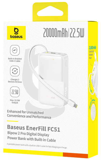 Εξωτερική Μπαταρία Baseus EnerFill Bipow2 Pro, 20000mAh, 22.5W, QC + PD, 1 x USB-A - 2 x USB-C, Λευκή E0027700