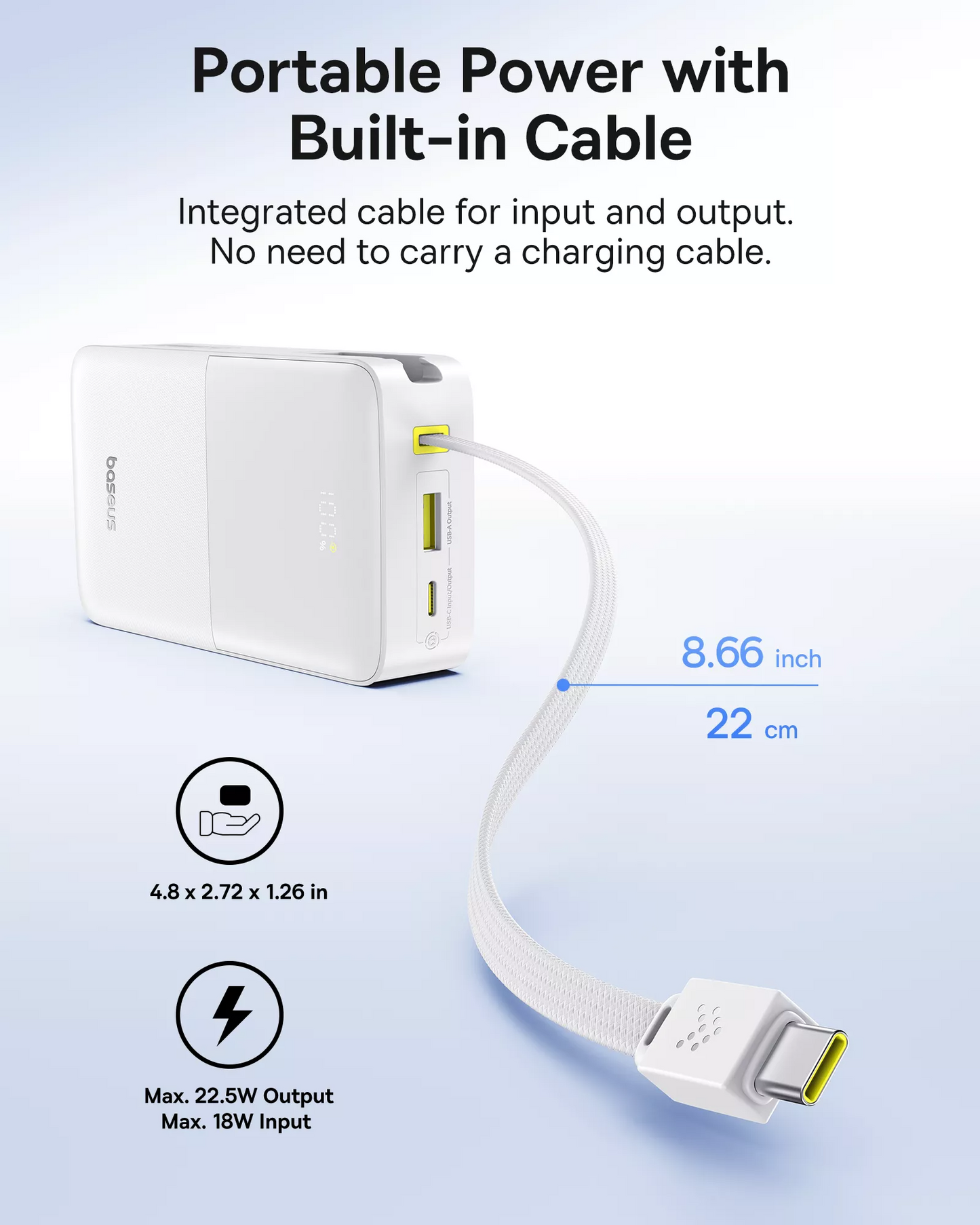 Εξωτερική Μπαταρία Baseus EnerFill Bipow2 Pro, 20000mAh, 22.5W, QC + PD, 1 x USB-A - 2 x USB-C, Λευκή E0027700