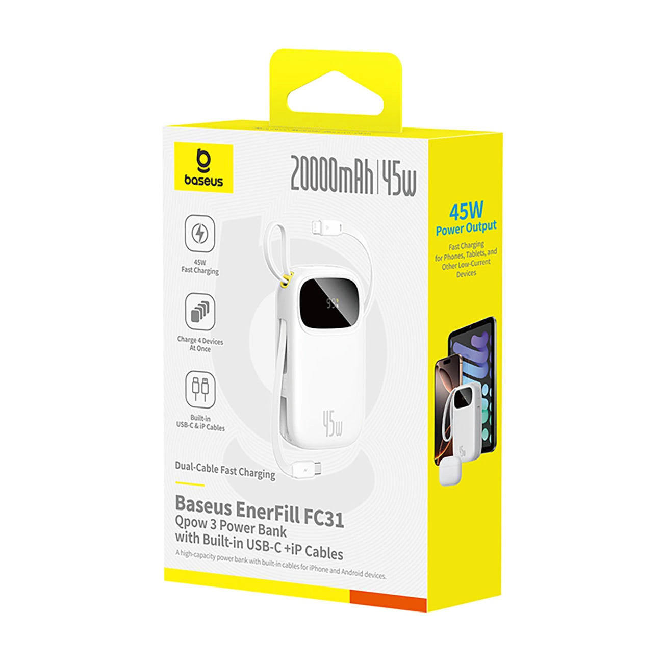 Εξωτερική Μπαταρία Baseus EnerFill FC31, 20000mAh, 45W, QC + PD, 1 x Lightning - 1 x USB-A - 2 x USB-C, Λευκή E0028D01