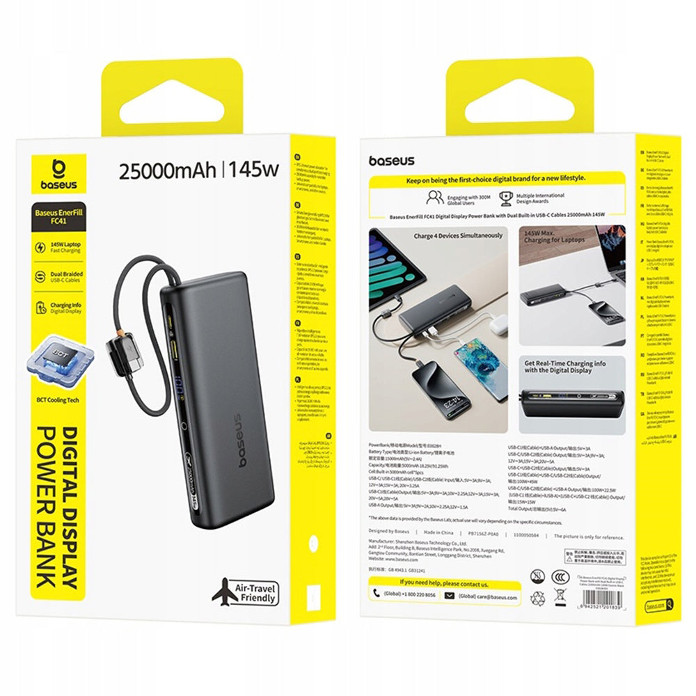 Baseus EnerFill FC41 External Battery, 25000mAh, 145W, QC + PD, 1 x USB-A - 3 x USB-C, Black E0028H03