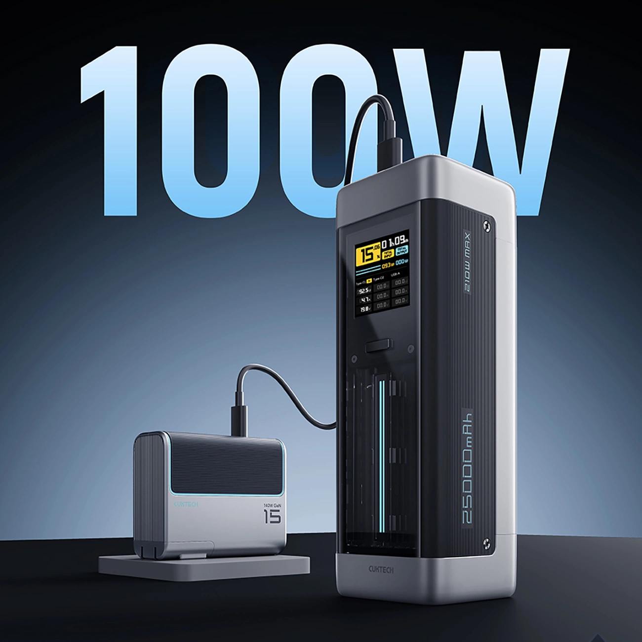 Εξωτερική Μπαταρία Cuktech, 25000mAh, 210W, QC + PD, 1 x USB-A - 2 x USB-C, Μαύρη CUK00P23GLBK
