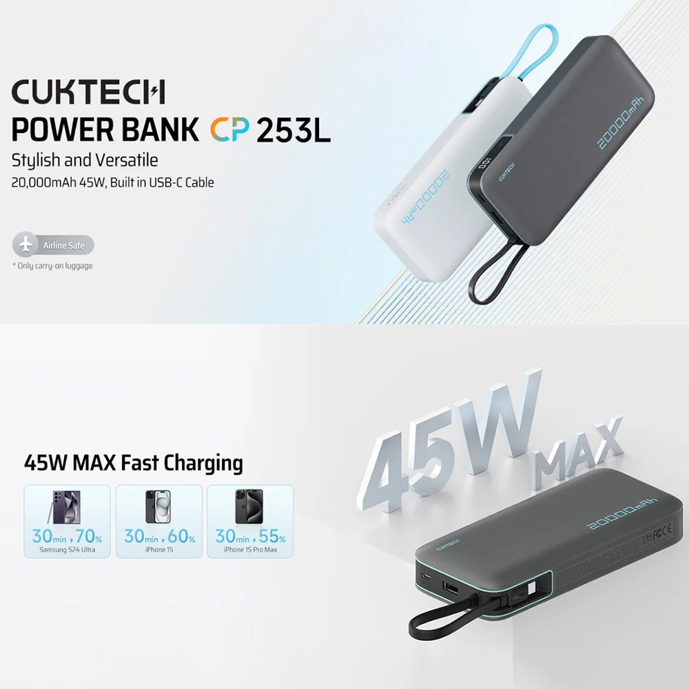 Εξωτερική Μπαταρία Cuktech LPB200N, 20000mAh, 45W, QC + PD, 1 x USB-A - 2 x USB-C, Λευκή CUKP200NGLLG