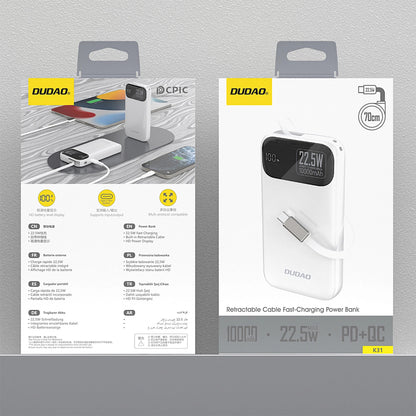 Dudao K31 External Battery, 10000mAh, 22.5W, PD, 2 x USB-C, White