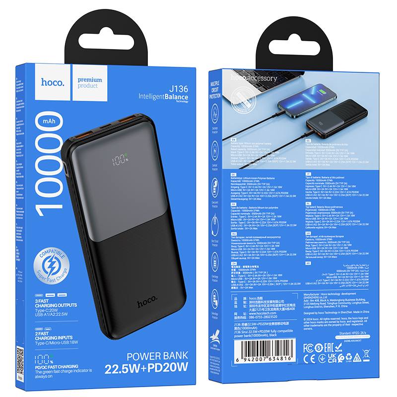 HOCO J136 Power Bank, 10000mAh, 22.5W, QC + PD, 1 x USB-C - 2 x USB-A, Black