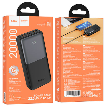 Εξωτερική Μπαταρία HOCO J136A, 20000mAh, 22.5W, QC + PD, 1 x USB-C - 2 x USB-A, Μαύρο