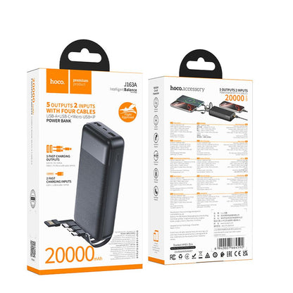 Εξωτερική μπαταρία HOCO J163A, 20000mAh, 10W, 1 x Lightning - 1 x microUSB - 1 x USB-C - 2 x USB-A, Μαύρη
