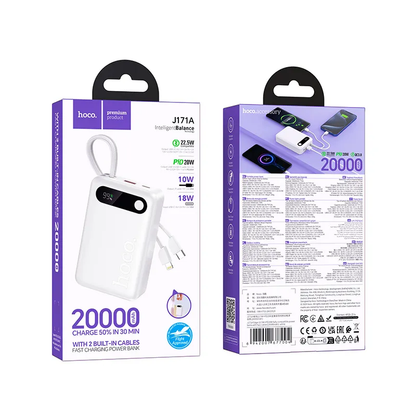 HOCO J171A External Battery, 20000mAh, 22.5W, QC + PD, 1 x Lightning - 1 x USB-A - 2 x USB-C, White