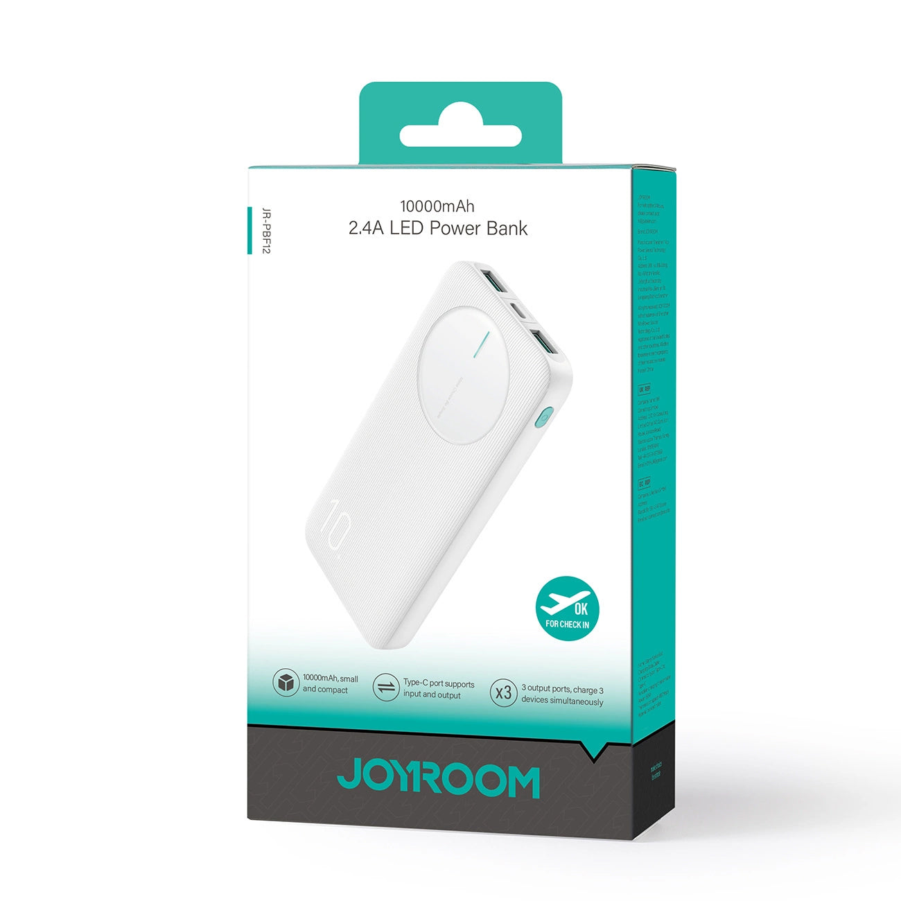 Εξωτερική Μπαταρία Joyroom JR-PBF12, 10000mAh, 12W, 1 x USB-C - 2 x USB-A, Λευκή