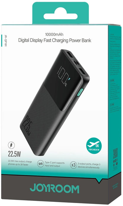 Εξωτερική Μπαταρία Joyroom JR-QP191, 10000mAh, 22.5W, QC + PD, 1 x USB-C - 2 x USB-A, Μαύρη