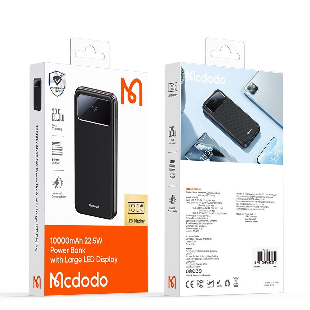 Εξωτερική Μπαταρία McDodo MC-4220, 10000mAh, 22.5W, QC + PD, 2 x USB-A - 1 x USB-C, Μαύρη