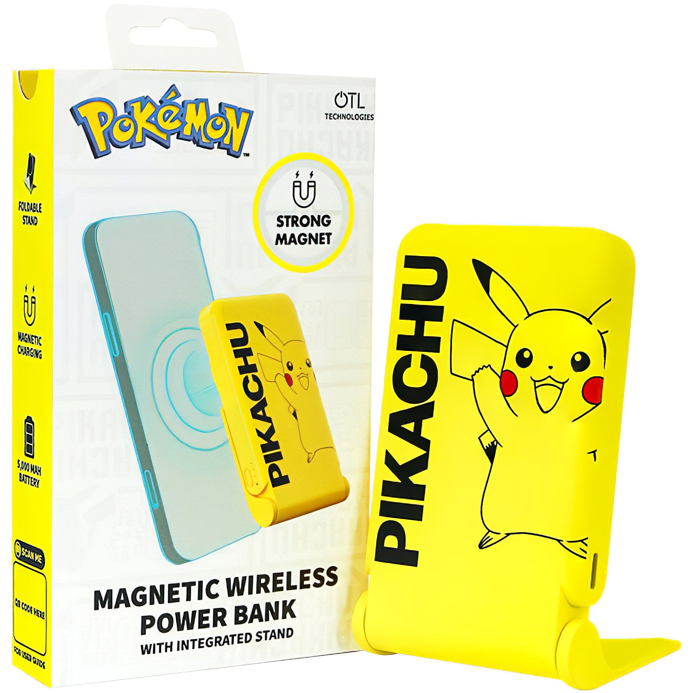 Ασύρματη Εξωτερική Μπαταρία OTL Pokemon Pikatchu, 5000mAh, 20W, PD + FQI, 1 x QI - 1 x USB-C, Κίτρινη PK1191