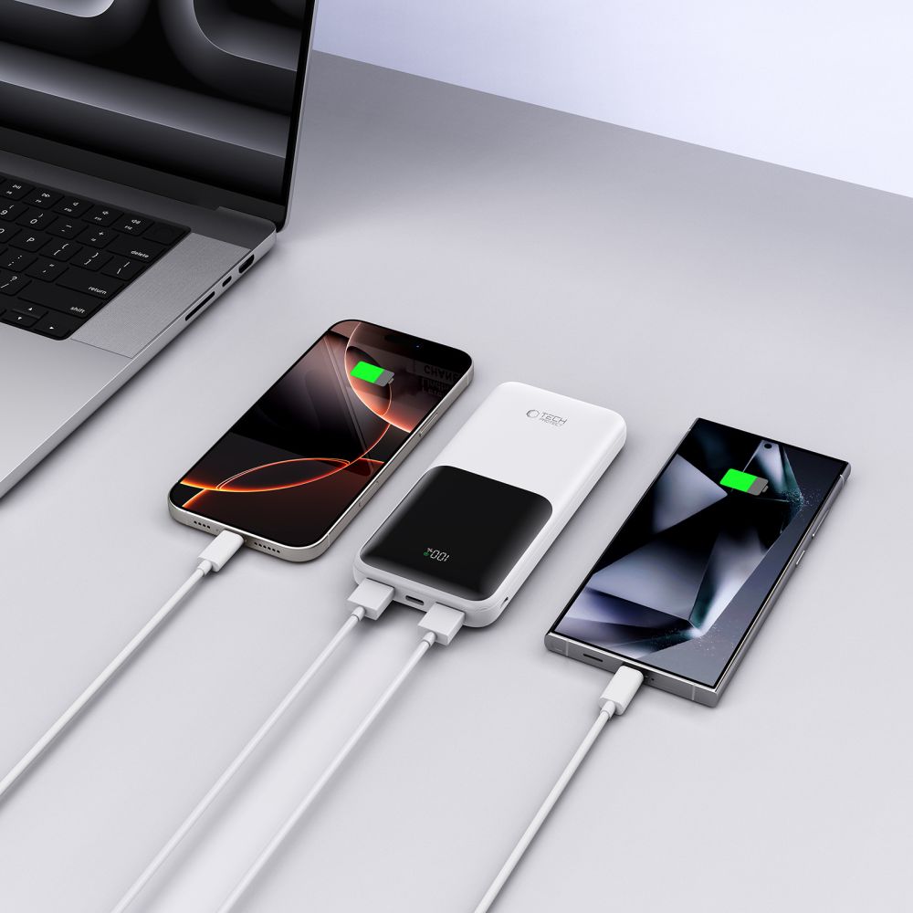 Εξωτερική Μπαταρία Tech-Protect PB01, 10000mAh, 22.5W, QC + PD, 1 x USB-C - 2 x USB-A, Λευκή