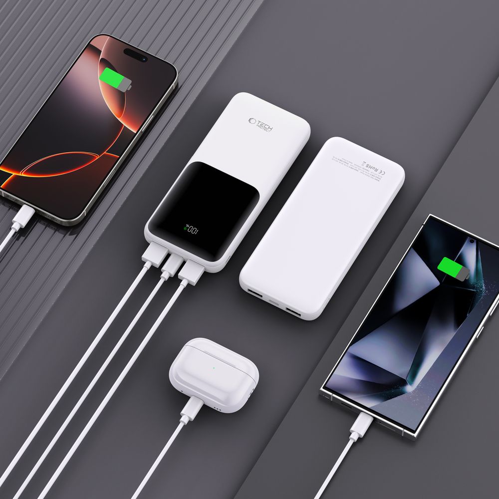 Εξωτερική Μπαταρία Tech-Protect PB01, 10000mAh, 22.5W, QC + PD, 1 x USB-C - 2 x USB-A, Λευκή