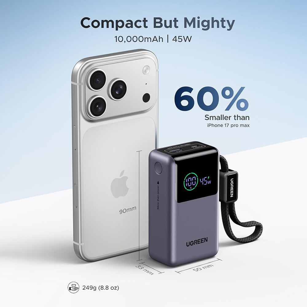 UGREEN Nexode Pro PB727 External Battery (85301B), 10000mAh, 55W, QC + PD, 1 x USB-A - 2 x USB-C, Gray