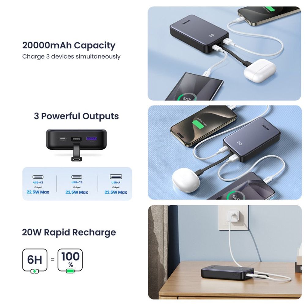 Εξωτερική Μπαταρία UGREEN PB505, 20000mAh, 22.5W, QC + PD, 1 x USB-A - 2 x USB-C, Γκρι