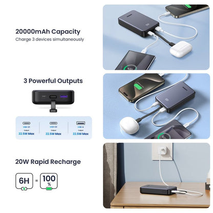 Εξωτερική Μπαταρία UGREEN PB505, 20000mAh, 22.5W, QC + PD, 1 x USB-A - 2 x USB-C, Γκρι
