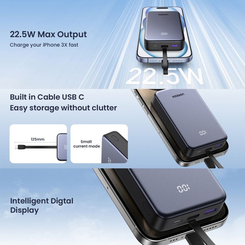 Εξωτερική Μπαταρία UGREEN PB505, 20000mAh, 22.5W, QC + PD, 1 x USB-A - 2 x USB-C, Γκρι